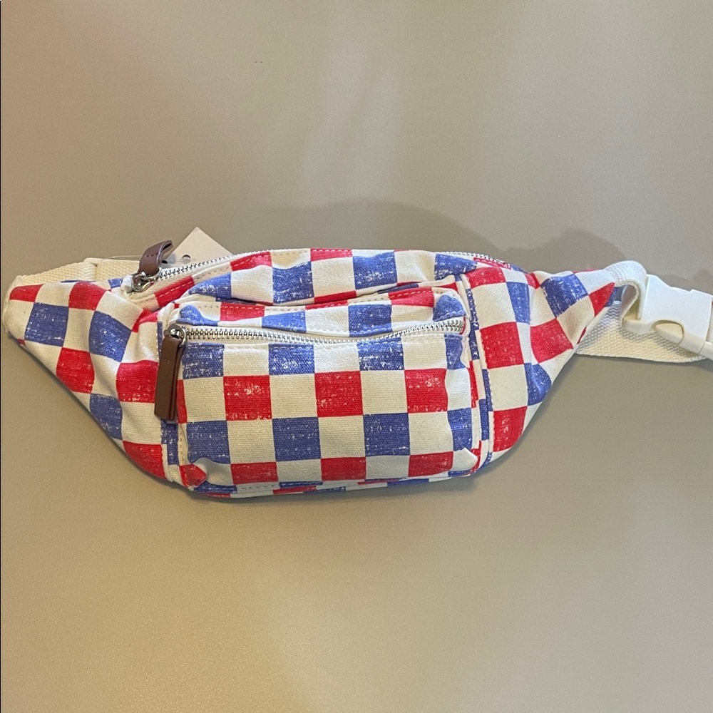 Blue and red checkered crossbody bag